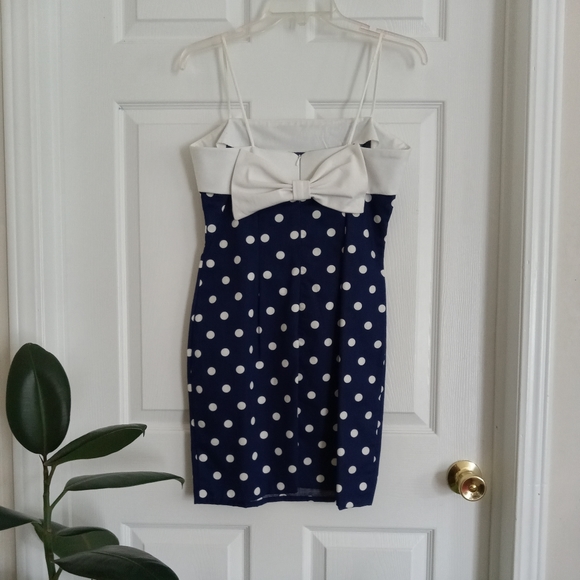 Vintage Mini Dress Cotton Polka Dot Navy Blue White Bow Linea Moda Size 8 - Picture 3 of 16